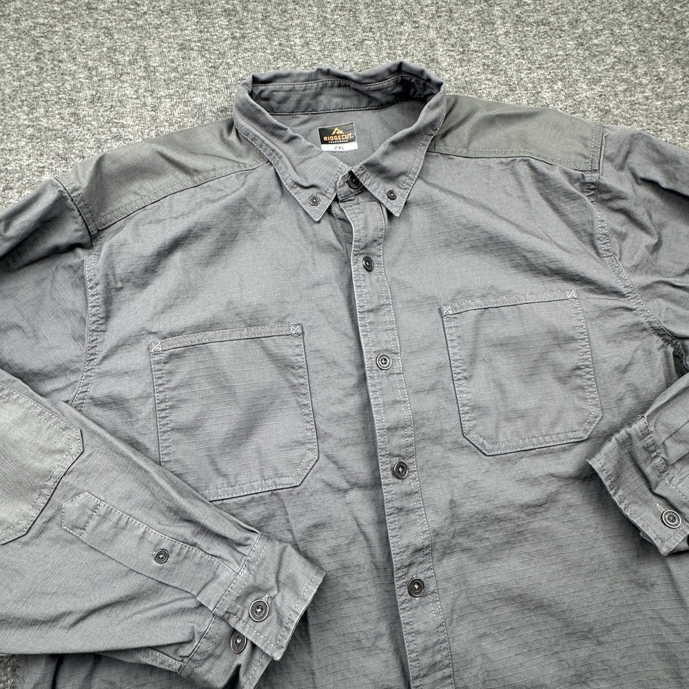 Ridgecut Toughwear Mens 2XL Gray Ripstop Long Sleeve Work Shirt Elbow Patches